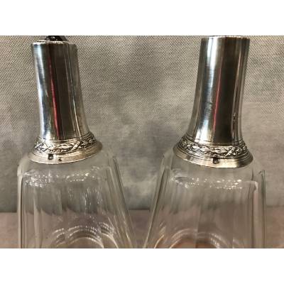 Pair of crystal bottles and massive silver of epoch 19 th