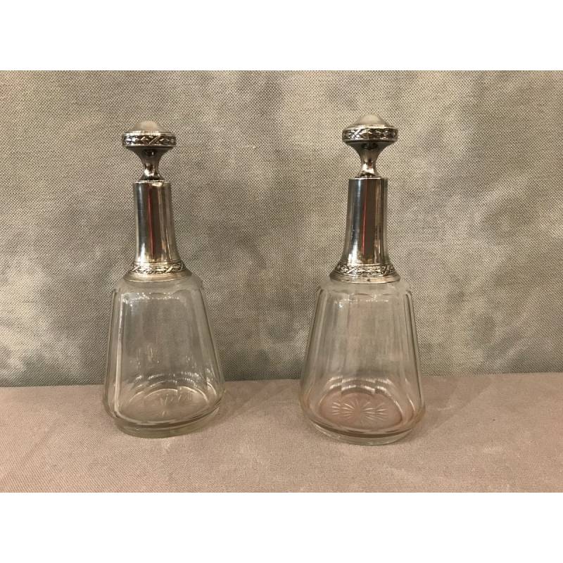 Pair of crystal bottles and massive silver of epoch 19 th