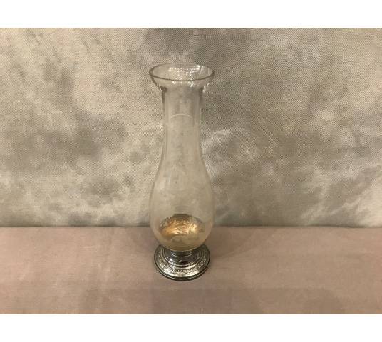 Joli vase en cristal gravé et pied en argent massif d'époque fin 19 ème