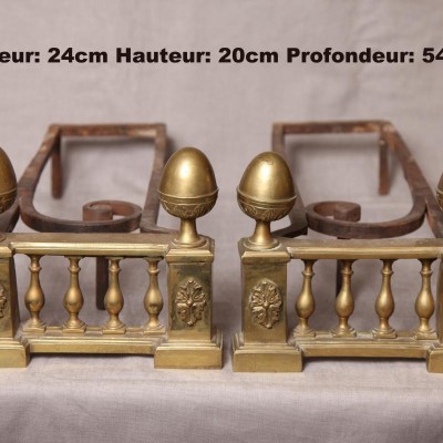 Paire de chenets anciens en bronze d'époque Louis XVI Directoire 18 ème