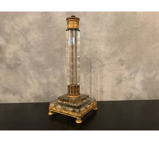 Joli pied de lampe en cristal taillé et bronze d'époque 19 ème