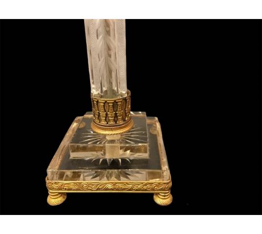 Joli pied de lampe en cristal taillé et bronze d'époque 19 ème