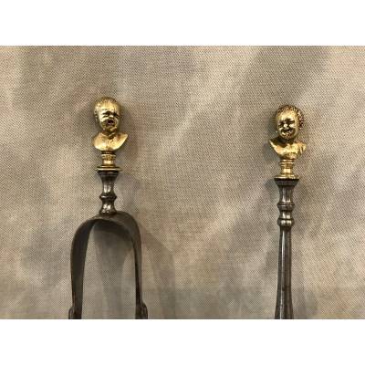Ensemble d'une pelle et d'une pince en fer et bronze  d'époque début 1ç ème
