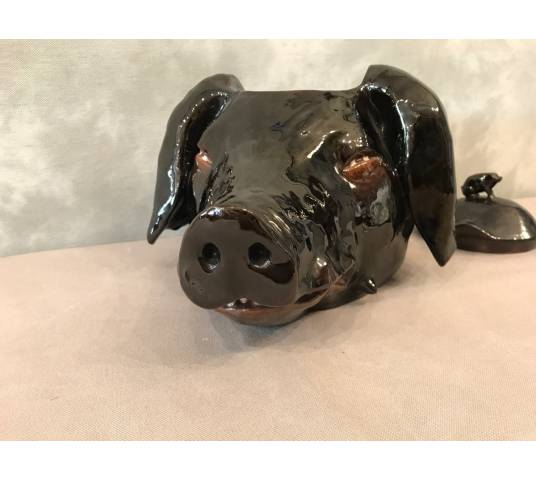 Ravissant cochon en céramique noire brillante d'époque fin 19 ème