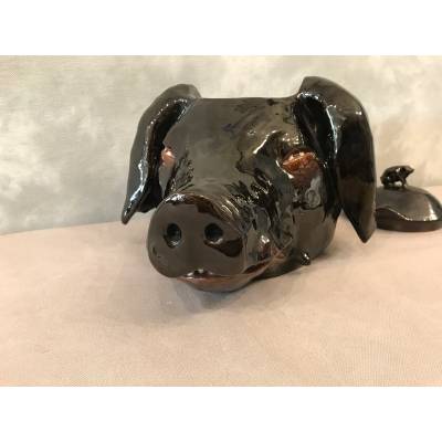 Ravishing black ceramic pig of period end 19 th