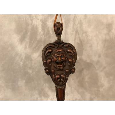 Beau soufflet de cheminée ancien en bois sculpté d'époque 19 ème