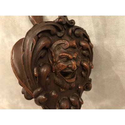 Beau soufflet de cheminée ancien en bois sculpté d'époque 19 ème