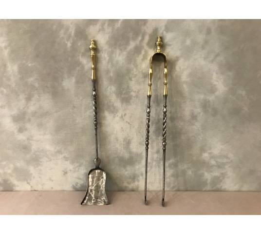 Set of a shovel and a vintage iron and brass clamp 19 th