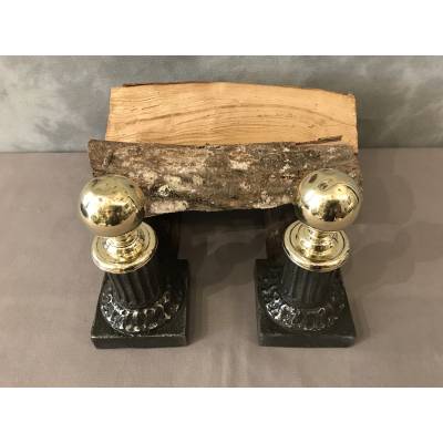 Paire de chenets anciens en fonte et laiton d'époque 19 ème