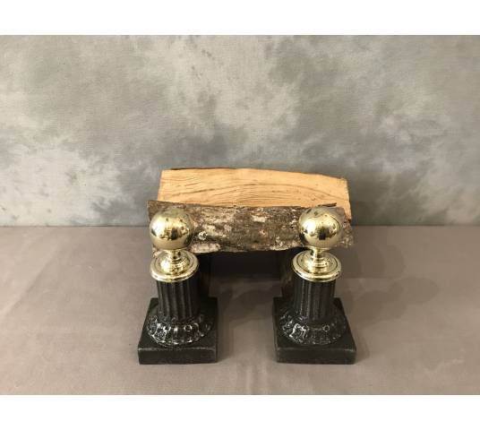 Paire de chenets anciens en fonte et laiton d'époque 19 ème