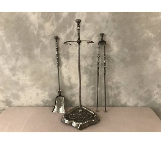 Serviteur de cheminée ancien en fer avec pelleté pince  d'époque 19 ème