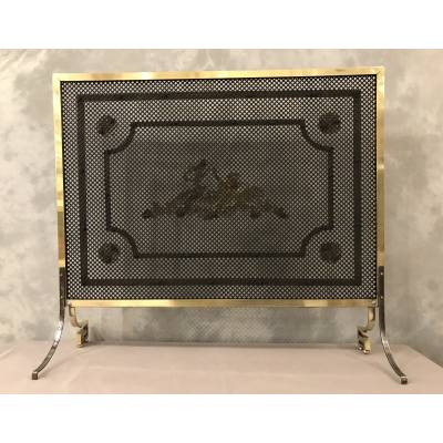 Beau grand pare feu écran de cheminée en bronze et laiton d'époque 19 ème