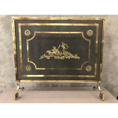 Beau grand pare feu écran de cheminée en bronze et laiton d'époque 19 ème