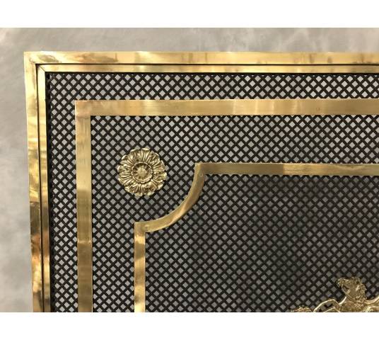 Beau grand pare feu écran de cheminée en bronze et laiton d'époque 19 ème