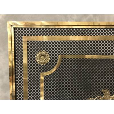 Beau grand pare feu écran de cheminée en bronze et laiton d'époque 19 ème