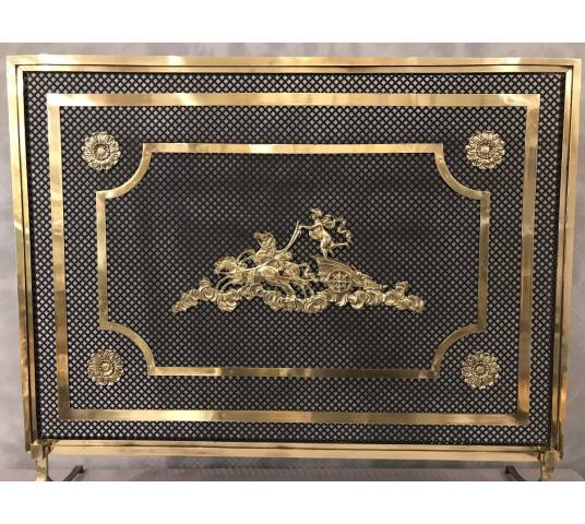 Beau grand pare feu écran de cheminée en bronze et laiton d'époque 19 ème