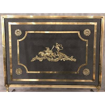 Beau grand pare feu écran de cheminée en bronze et laiton d'époque 19 ème
