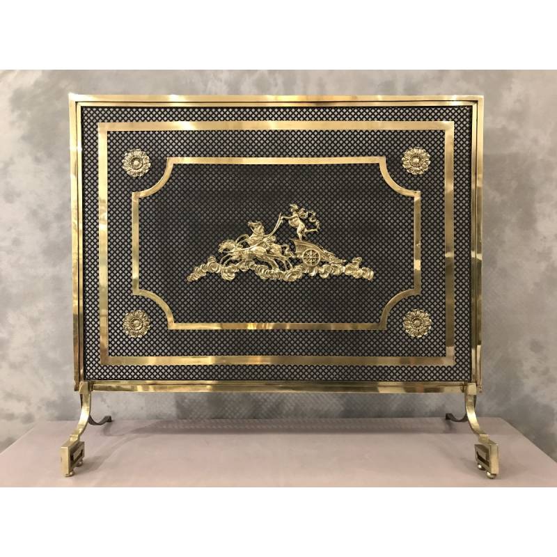 Beau grand pare feu écran de cheminée en bronze et laiton d'époque 19 ème