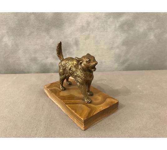 Small bronze cat on a marble base from the late 19th century