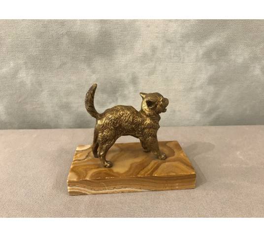 Small bronze cat on a marble base from the late 19th century