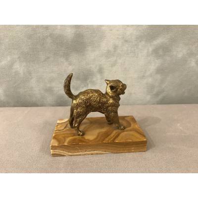 Small bronze cat on a marble base from the late 19th century