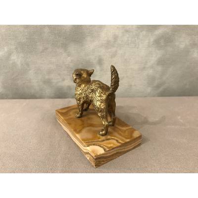 Small bronze cat on a marble base from the late 19th century