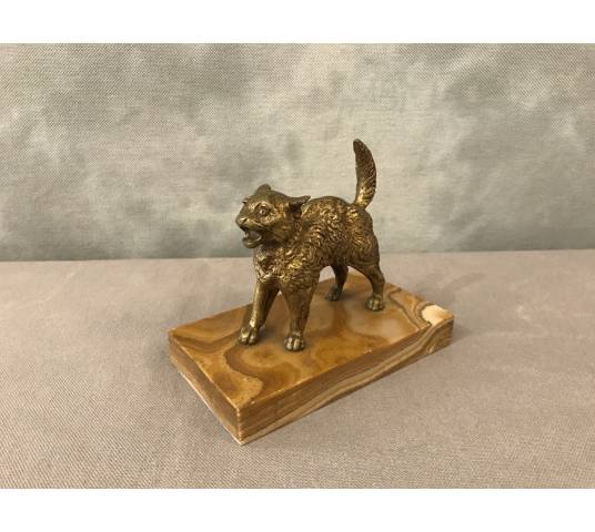 Small bronze cat on a marble base from the late 19th century