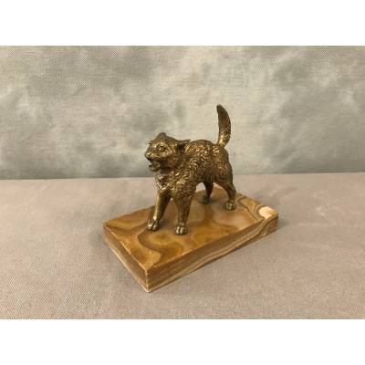 Small bronze cat on a marble base from the late 19th century