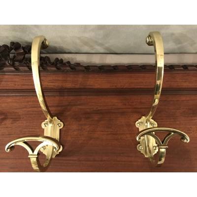 Set of 6 coat racks, bronze coat hooks on wood from the 19th century