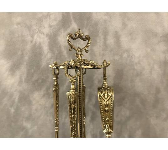 Serviteur de cheminée ancien en bronze et laiton 4 pièces d'époque 19 ème