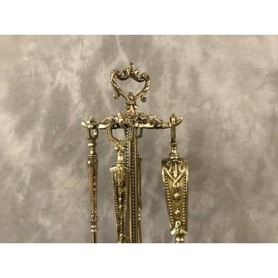 Serviteur de cheminée ancien en bronze et laiton 4 pièces d'époque 19 ème