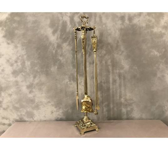 Serviteur de cheminée ancien en bronze et laiton 4 pièces d'époque 19 ème
