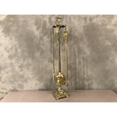 Serviteur de cheminée ancien en bronze et laiton 4 pièces d'époque 19 ème