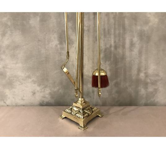 Serviteur de cheminée ancien en bronze et laiton 4 pièces d'époque 19 ème