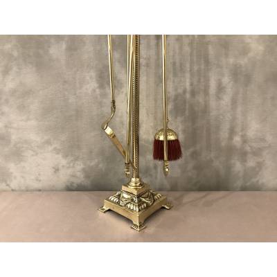 Serviteur de cheminée ancien en bronze et laiton 4 pièces d'époque 19 ème