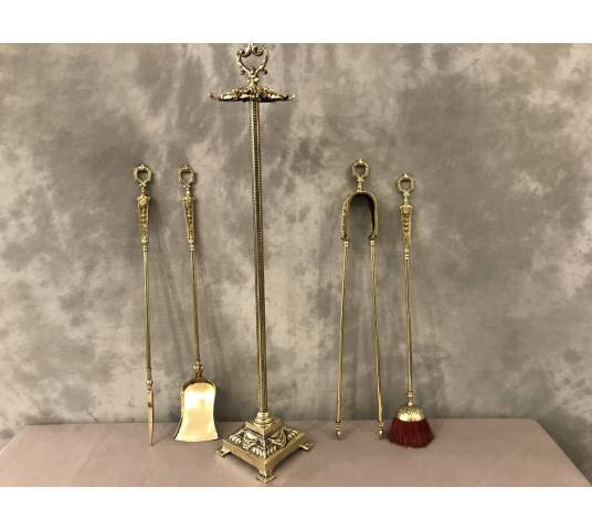 Serviteur de cheminée ancien en bronze et laiton 4 pièces d'époque 19 ème