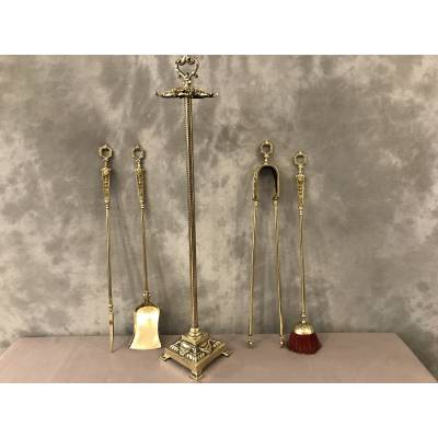 Serviteur de cheminée ancien en bronze et laiton 4 pièces d'époque 19 ème