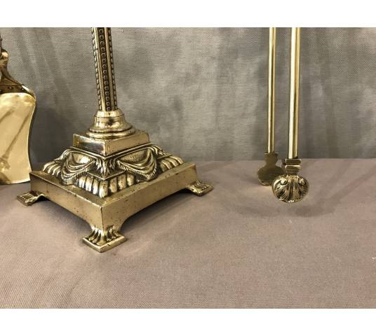 Serviteur de cheminée ancien en bronze et laiton 4 pièces d'époque 19 ème