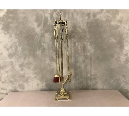 Serviteur de cheminée ancien en bronze et laiton 4 pièces d'époque 19 ème