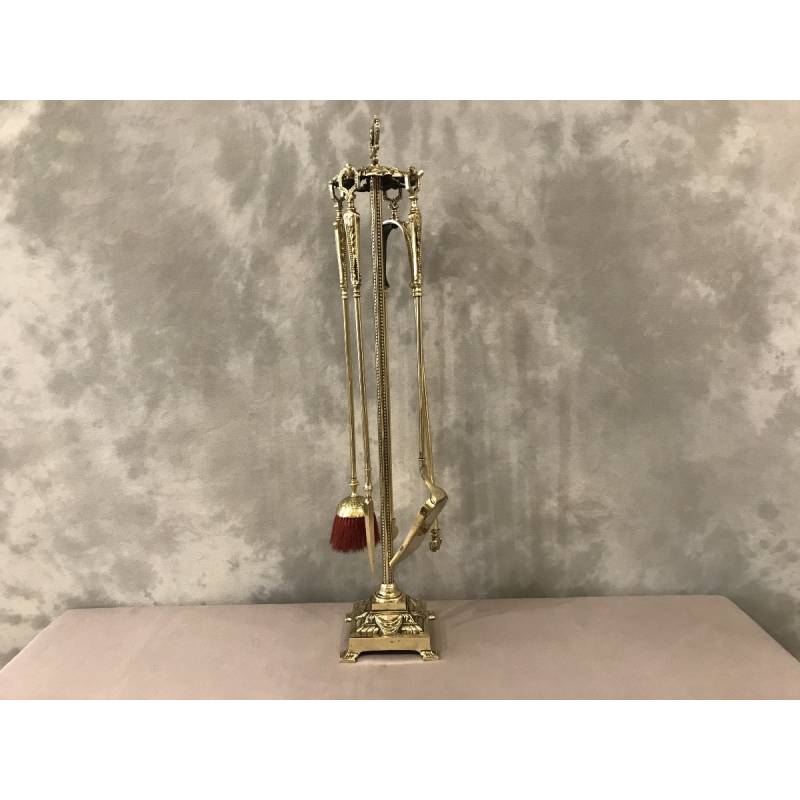 Serviteur de cheminée ancien en bronze et laiton 4 pièces d'époque 19 ème