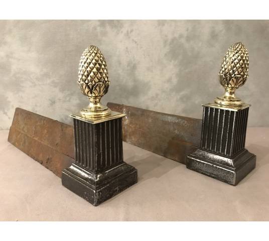 Paire de chenets en fonte et bronze d'époque 19 ème