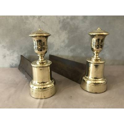 Paire de chenets anciens en fonte et laiton d'époque 19 ème
