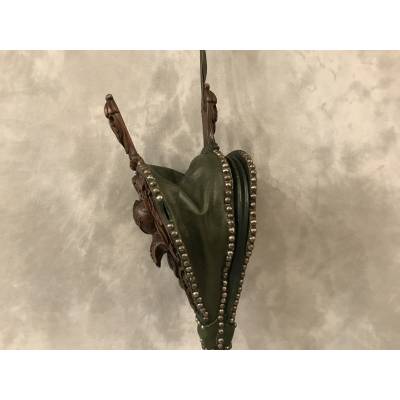 Beau grand soufflet de cheminée en chêne sculpté d'époque 19 ème