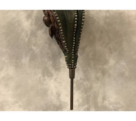 Beau grand soufflet de cheminée en chêne sculpté d'époque 19 ème