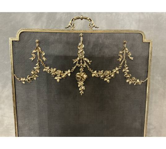 Ecran de cheminée en bronze, pare feu d'époque 19 ème de style Louis XVI
