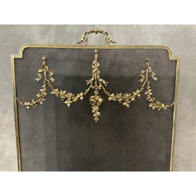 Ecran de cheminée en bronze, pare feu d'époque 19 ème de style Louis XVI