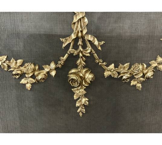 Ecran de cheminée en bronze, pare feu d'époque 19 ème de style Louis XVI