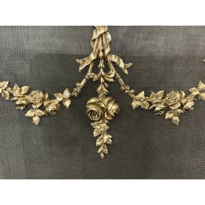 Ecran de cheminée en bronze, pare feu d'époque 19 ème de style Louis XVI