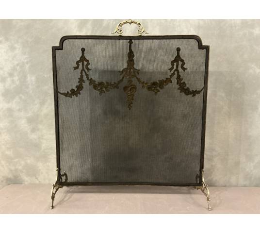 Ecran de cheminée en bronze, pare feu d'époque 19 ème de style Louis XVI