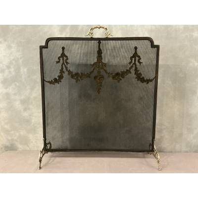 Ecran de cheminée en bronze, pare feu d'époque 19 ème de style Louis XVI